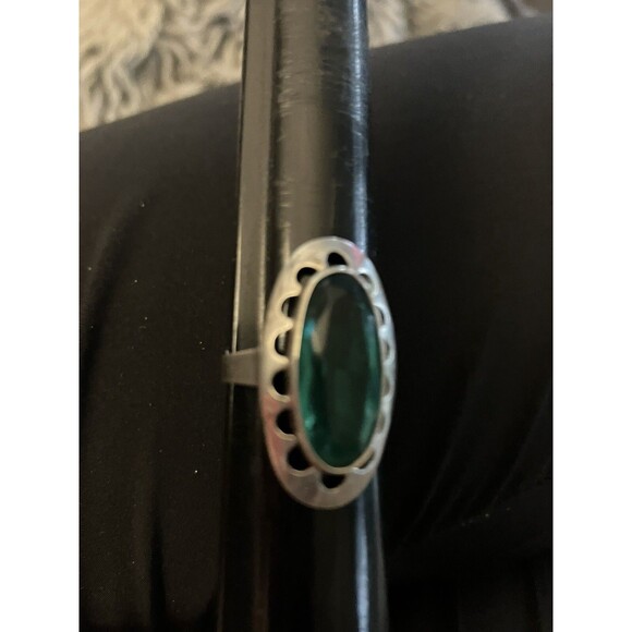 Vintage MCM Green Gemstone Ring Sterling Silver Faceted Marquise Lrg 925 Sz 8.5 - Picture 9 of 9